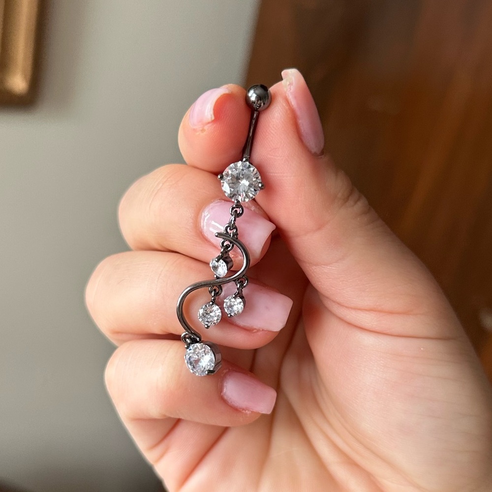 CZ stainless steel diamond dangle belly button ring in gunmetal